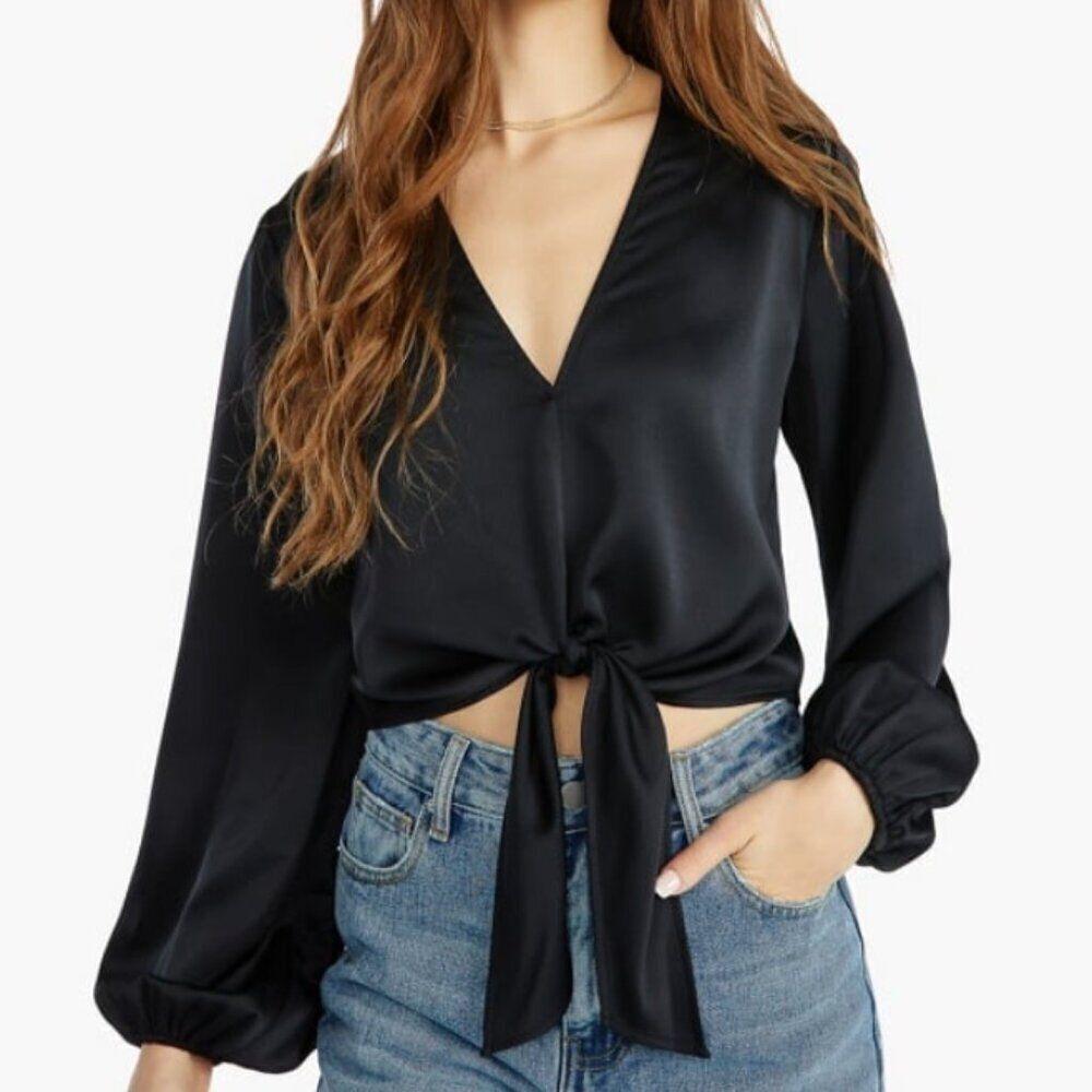 NWT JustFab Satin Tie Front Blouson Sleeve Black Crop Blouse Womens S Small